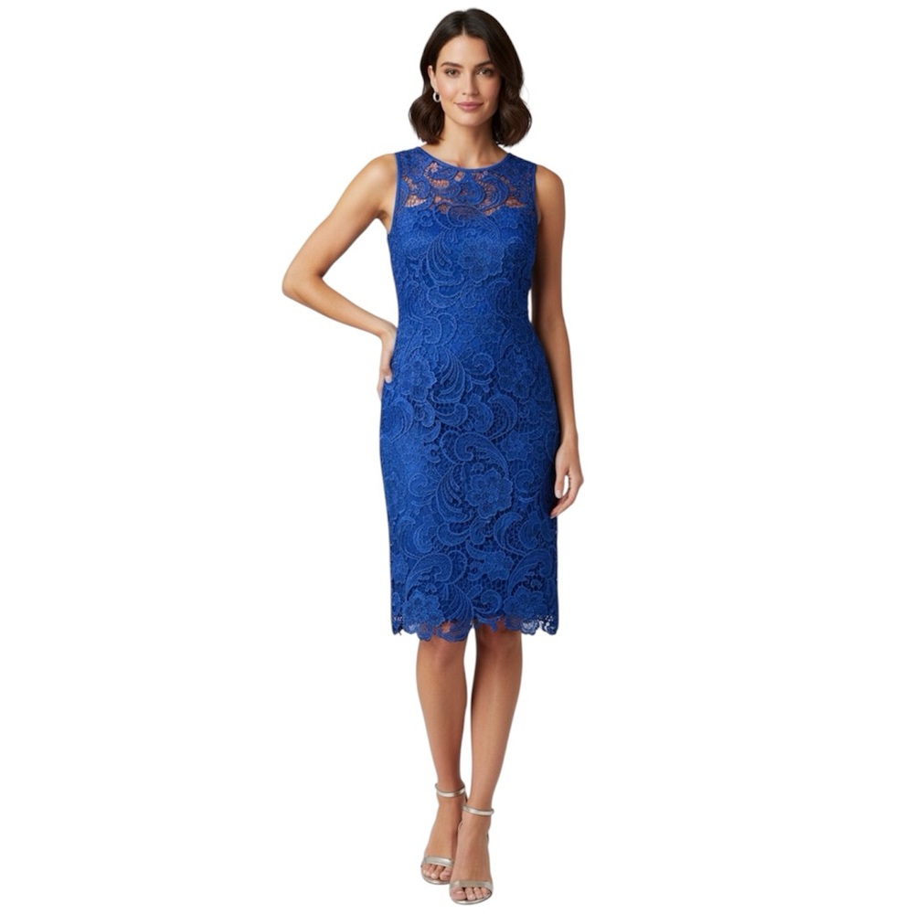 NEW Adrianna Papell Illusion Neck‎ Lace Dress NWT Royal Sz 6